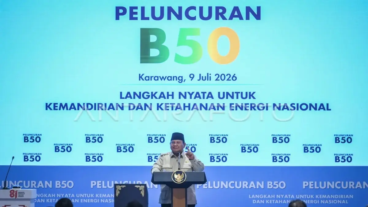 Presiden Prabowo Subianto memberikan sambutan saat peluncuran Program Mandatori Biodiesel B50. (ANTARA)