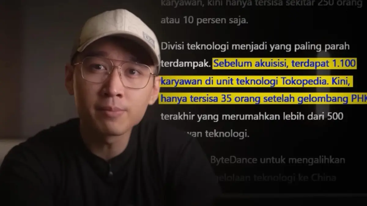 Raymond Chin menilai AI belum mampu menggantikan programmer sepenuhnya meski efisiensi di Tokopedia terus berlangsung. (Tangkapan layar youtube)