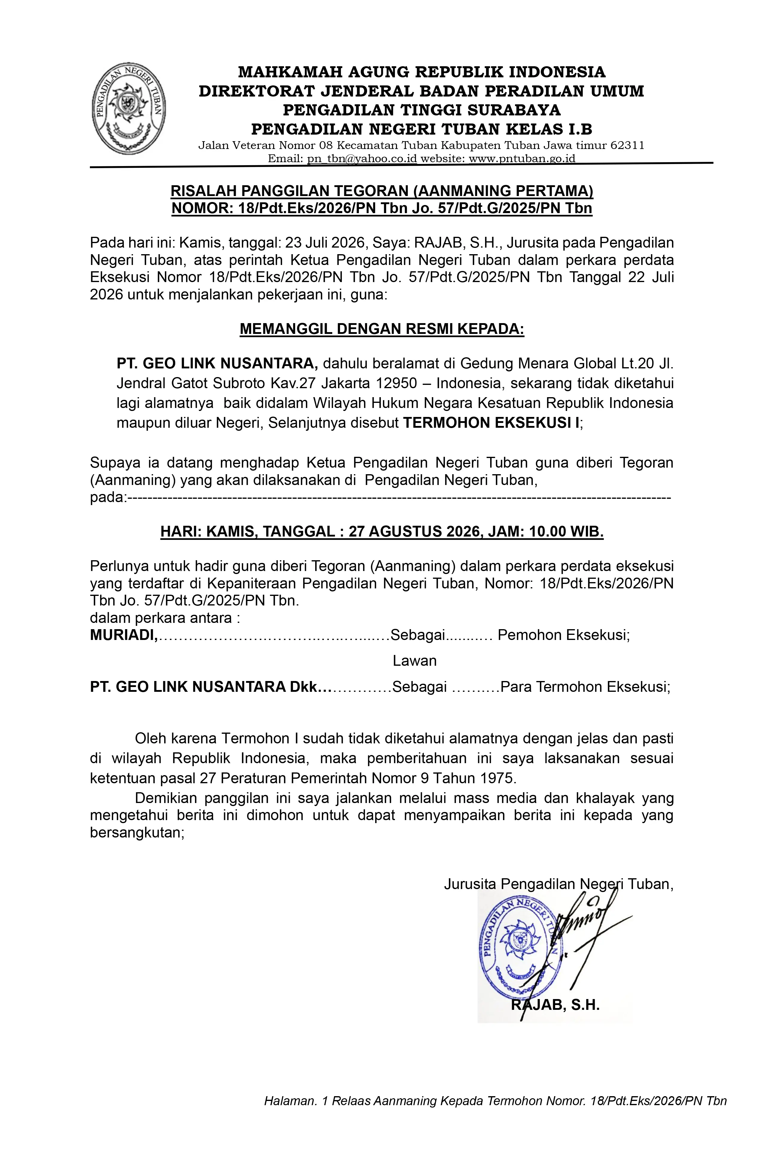 RISALAH PANGGILAN TEGORAN (AANMANING PERTAMA) NOMOR: 18/Pdt.Eks/2026/PN Tbn Jo. 57/Pdt.G/2025/PN Tbn