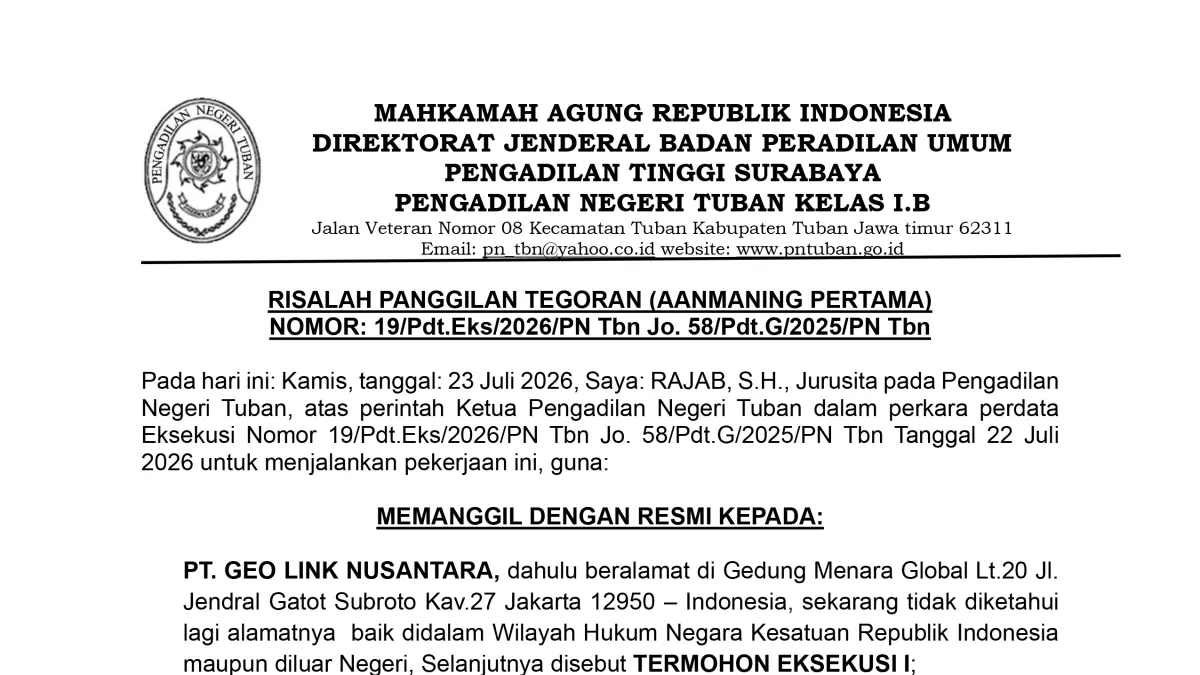 RISALAH PANGGILAN TEGORAN (AANMANING PERTAMA) NOMOR: 19/Pdt.Eks/2026/PN Tbn Jo. 58/Pdt.G/2025/PN Tbn