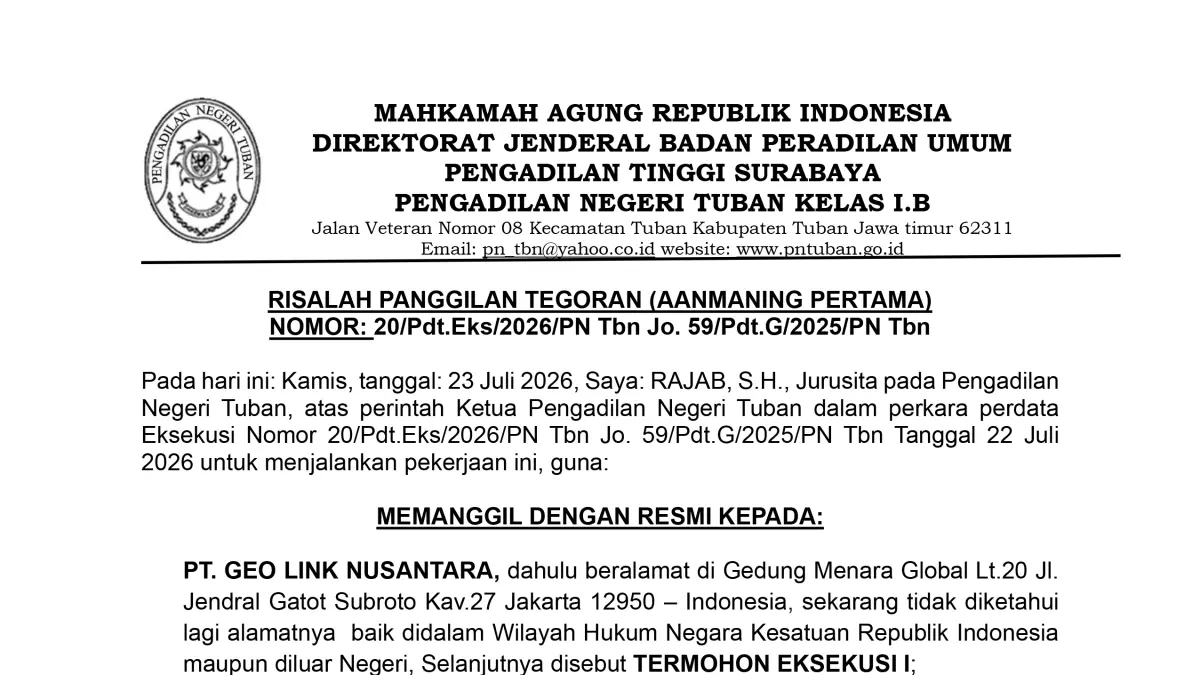 RISALAH PANGGILAN TEGORAN (AANMANING PERTAMA) NOMOR: 20/Pdt.Eks/2026/PN Tbn Jo. 59/Pdt.G/2025/PN Tbn