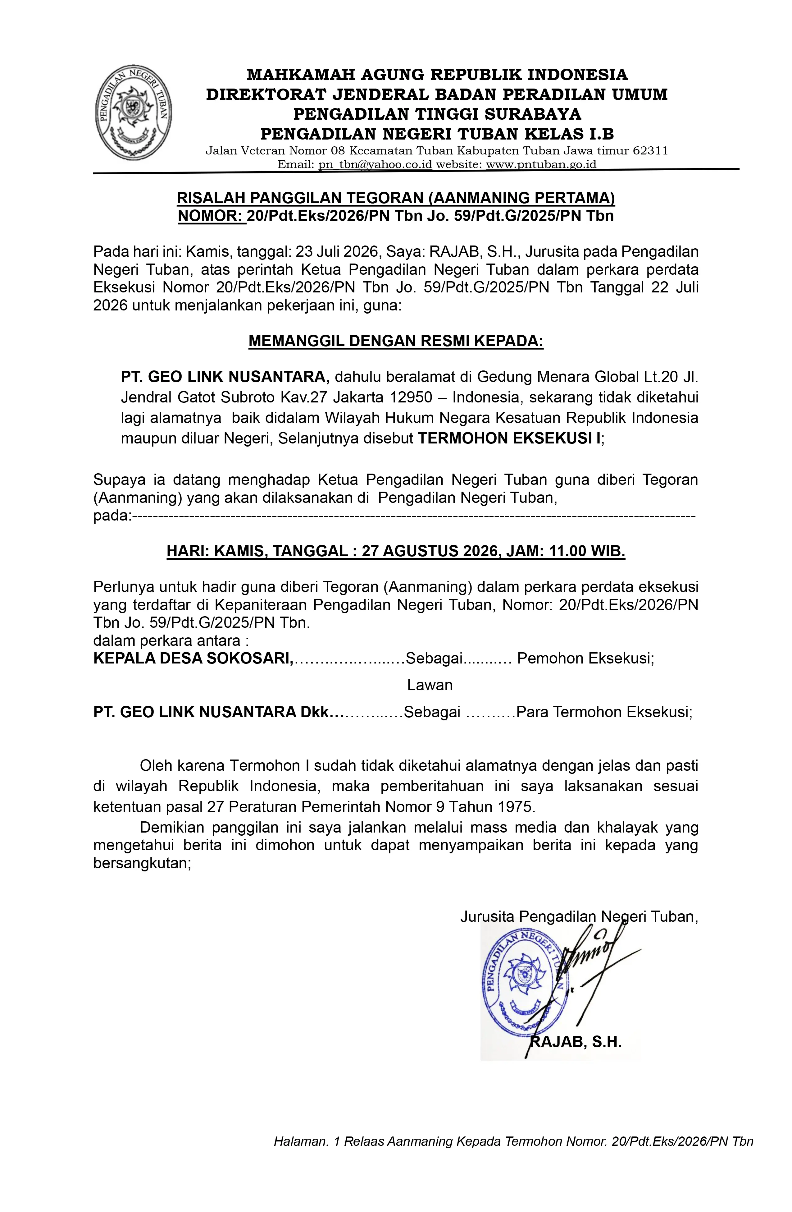 RISALAH PANGGILAN TEGORAN (AANMANING PERTAMA) NOMOR: 20/Pdt.Eks/2026/PN Tbn Jo. 59/Pdt.G/2025/PN Tbn