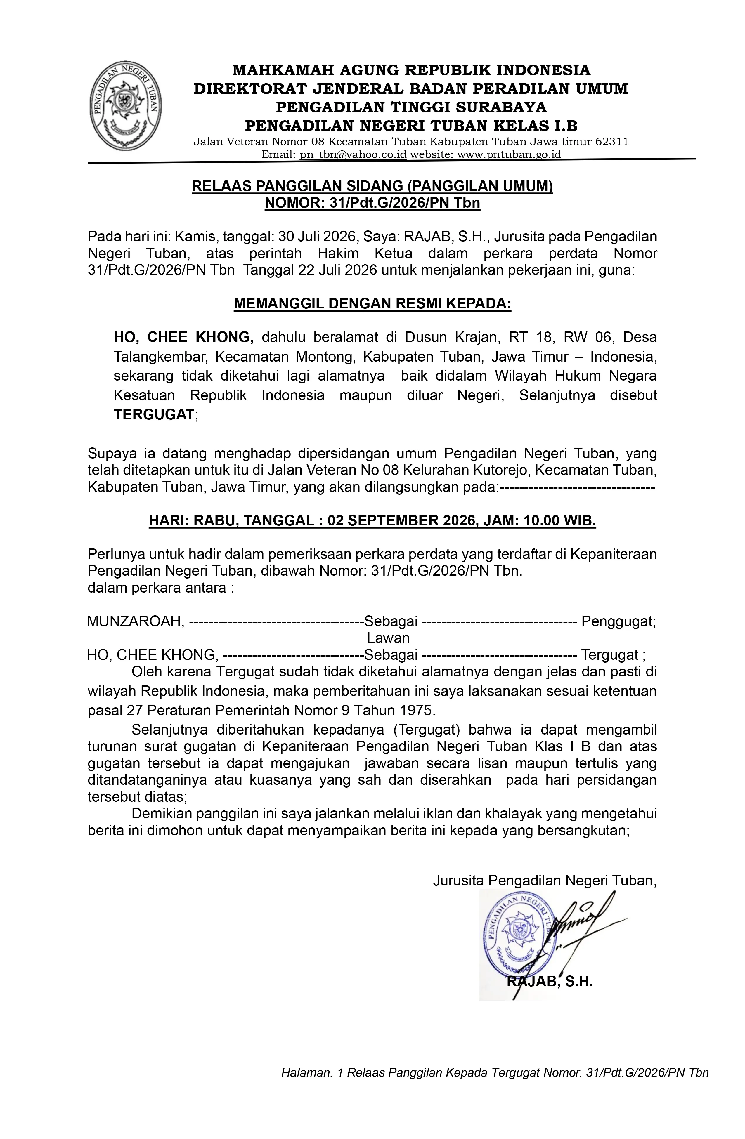 Relaas Panggilan Sidang (Panggilan Umum) Nomor: 31/Pdt.G/2026/PN Tbn Memanggil dengan Resmi Kepada: HO, CHEE KHONG