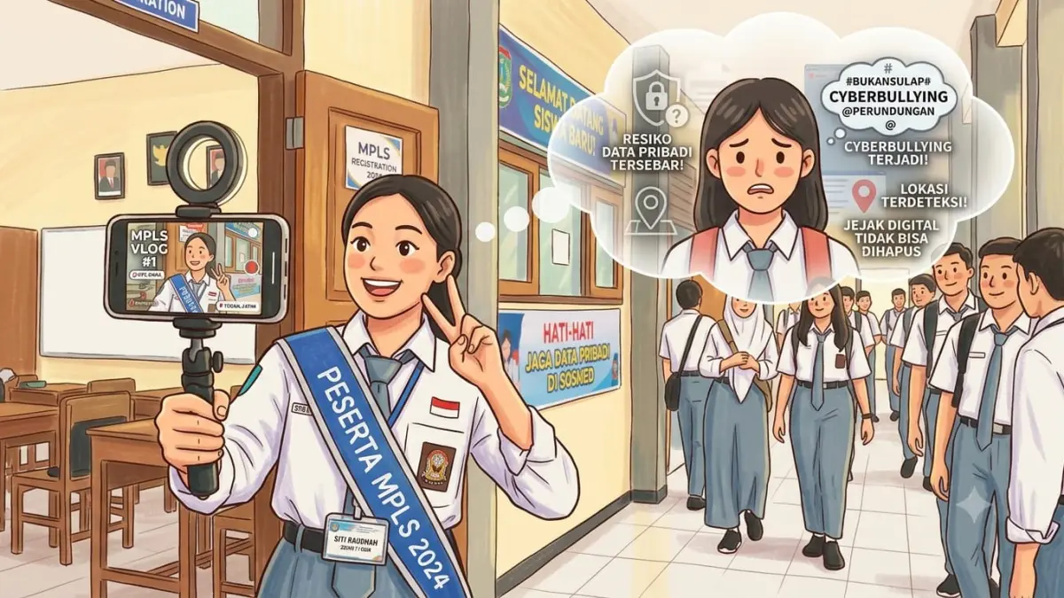 Tren penugasan video perkenalan siswa baru pada Masa Pengenalan Lingkungan Sekolah (MPLS) di media sosial. (RADARTUBAN/AI)