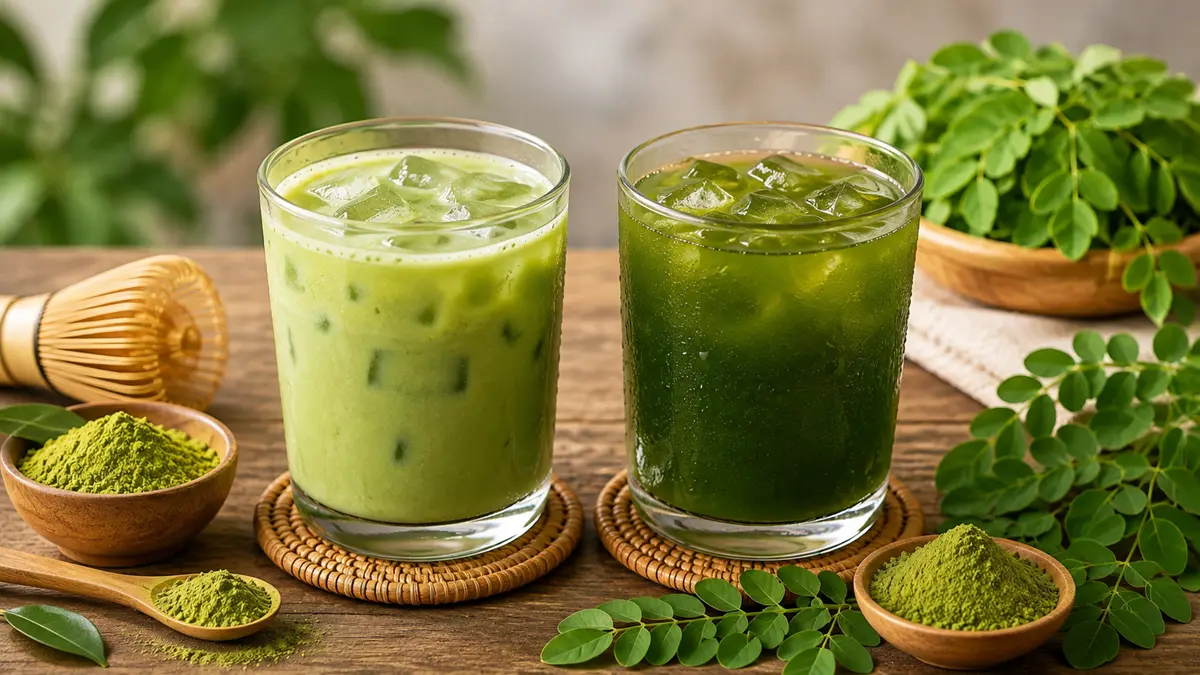 Perbandingan lengkap matcha vs daun kelor. (RADARTUBAN/AI)