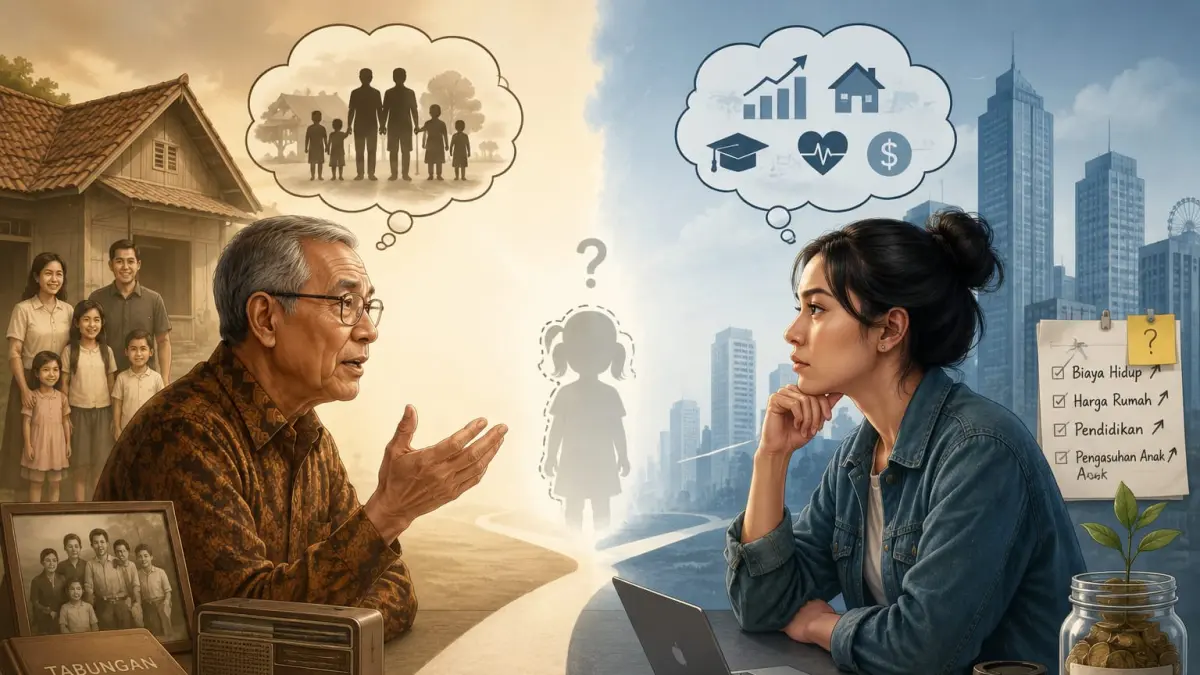 Ilustrasi perbedaan cara pandang Baby Boomers dan Generasi Z terhadap pilihan hidup childfree, (Radar Tuban/Ai)