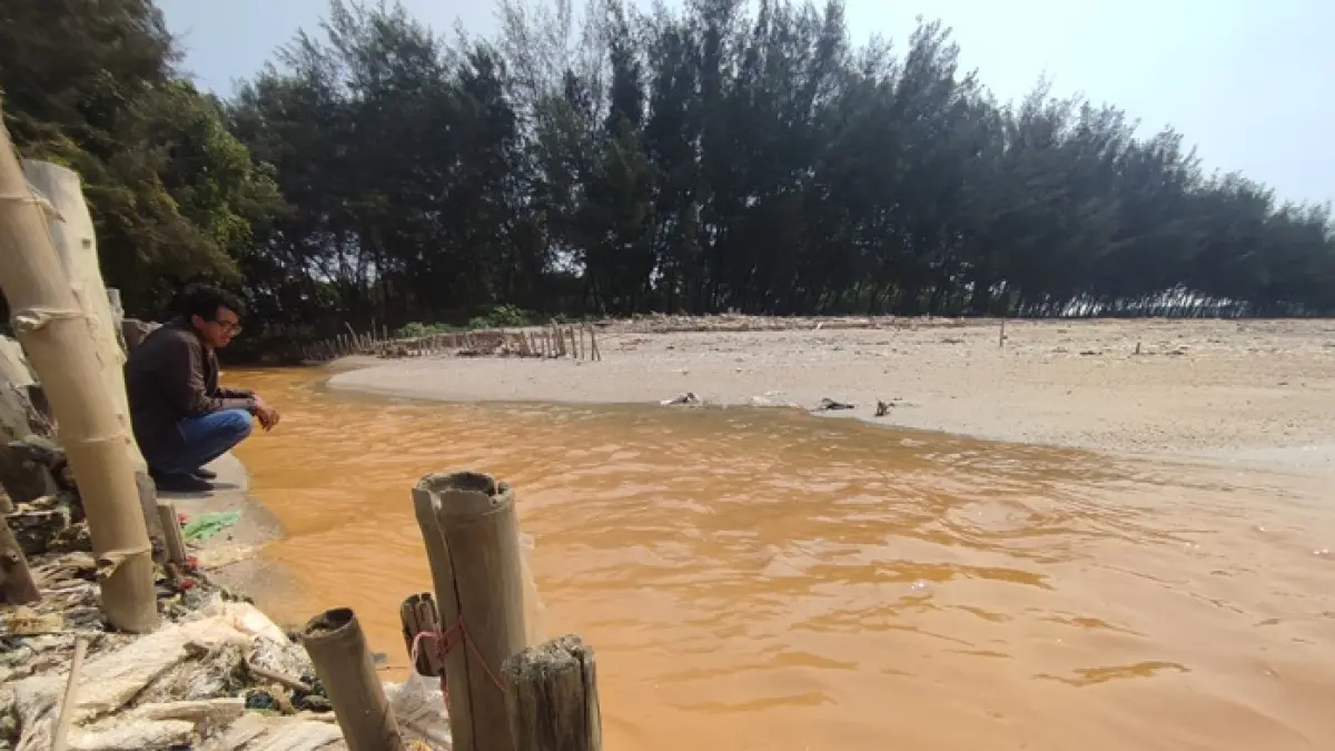 Kondisi kawasan Mangrove Center Tuban tampak keruh berwarna coklat, diduga tercemar limbah cucian pasir kuarsa, Rabu (5/8). (Andreyan/Radar Tuban)