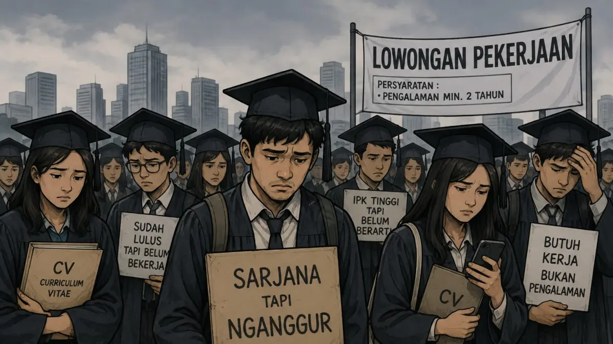 Ilustrasi Ekspresi cemas para sarjana yang masih mencari pekerjaan.(RADARTUBAN/AAI)