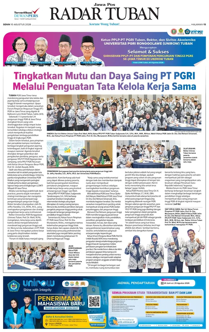 Forum Pimpinan PT PGRI se-Jatim jalin konsolidasi di Tuban. Rektor Unirow tekankan pentingnya kolaborasi konkret dan penguatan jejaring.