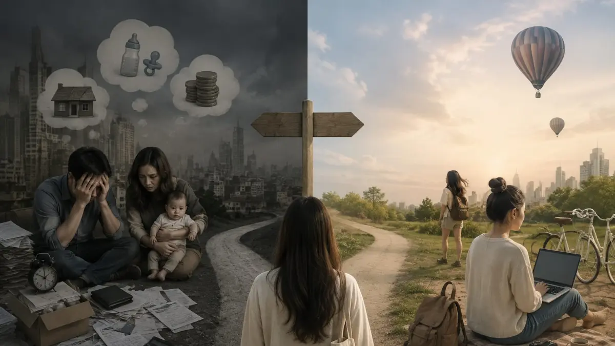Ilustrasi Pilihan hidup generasi Z antara memiliki anak atau menunda keputusan. (RADARTUBAN/AI)