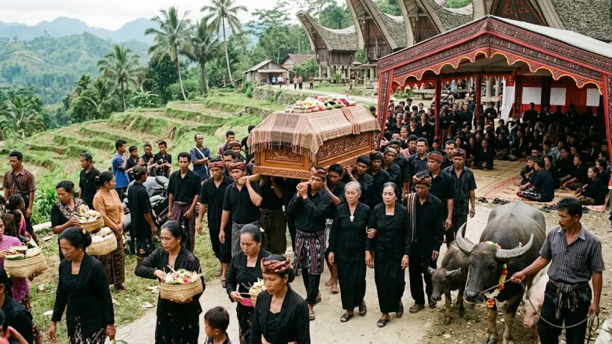 Ilustrasi ritual adat pemakaman dan tradisi duka di Tana Toraja. (RADARTUBAN/AI)