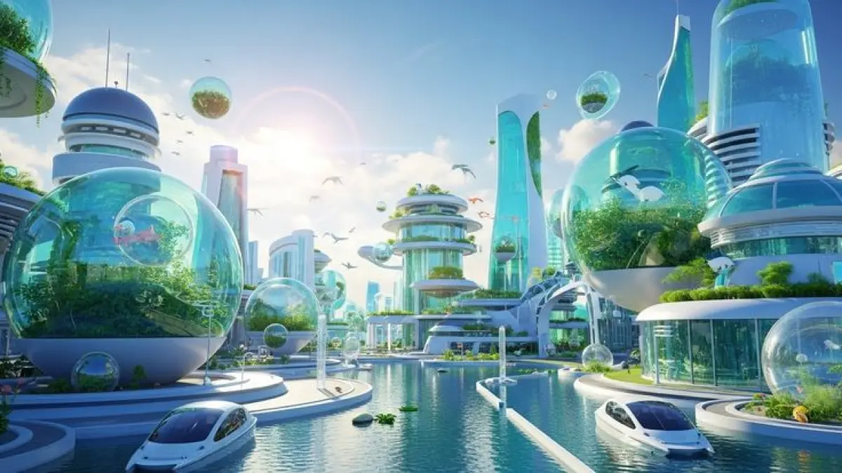 Ilustrasi sudut kota bernuansa solarpunk yang menerapkan prinsip biomimicry, memadukan arsitektur ramah lingkungan, panel surya, dan ruang hijau. (pinterest.com)