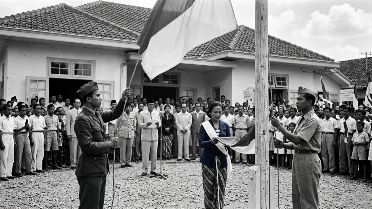 Ilustrasi pertama kali pengibaran bendera Merah Putih. (RADAR TUBAN/ AI)