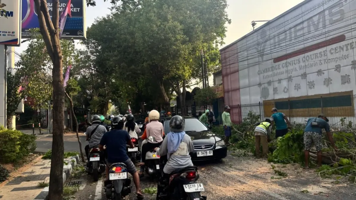 Kondisi lalu lintas di Jalan Diponegoro, Kelurahan Latsari, picu kemacetan akibat pengerjaan proyek drainase. (Adib Turmudzi/Radar Tuban)
