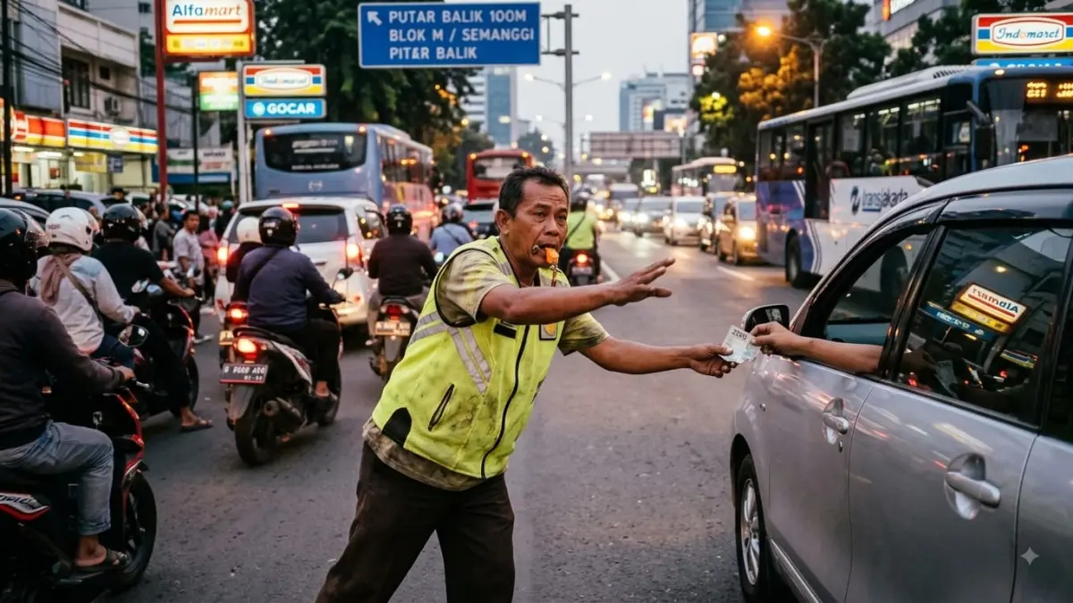 Potret aktivitas Pak Ogah saat memandu arus kendaraan di titik putaran jalan raya. (RADARTUBAN/AI)