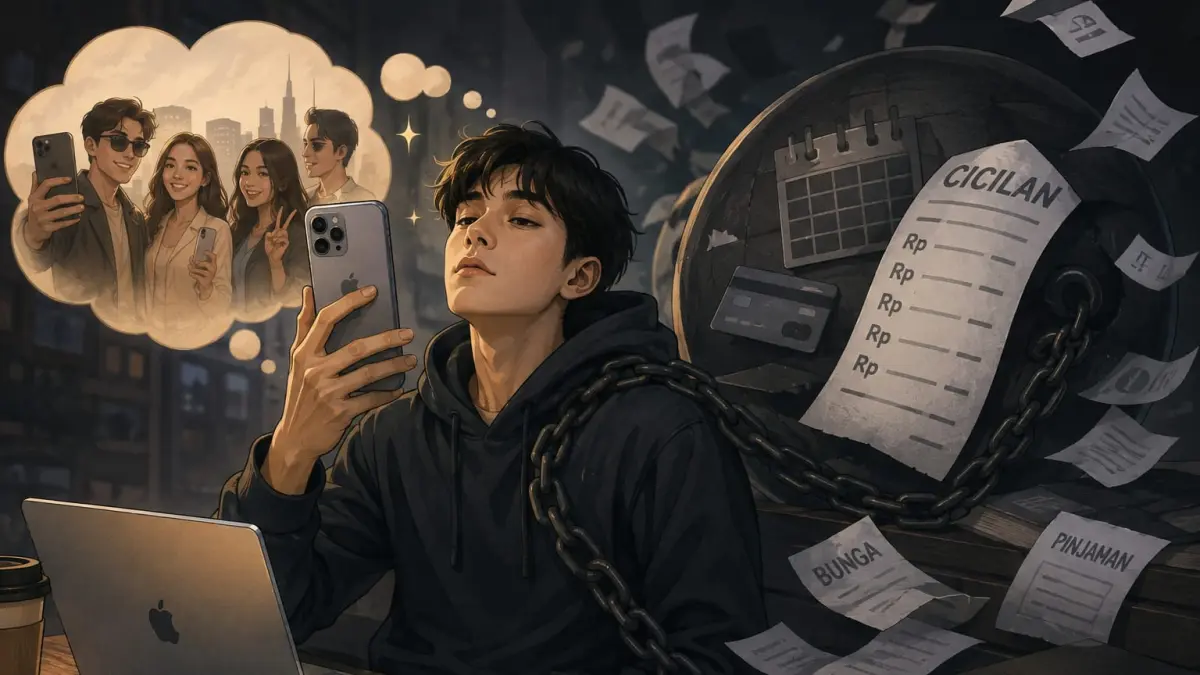 Ilustrasi Gen Z dengan gadget mahal dan beban cicilan. (RADARTUBAN/AI)