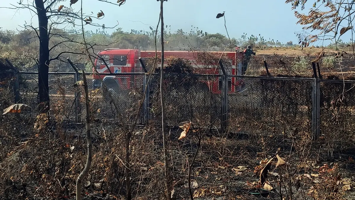 Kondisi lahan Kilang GRR Tuban di Desa Sumurgeneng, Kecamatan Jenu menyisakan arang dan asap yang masih mengepul pasca kebakaran, kemarin (21/8). (ANDREYAN/RADAR TUBAN)