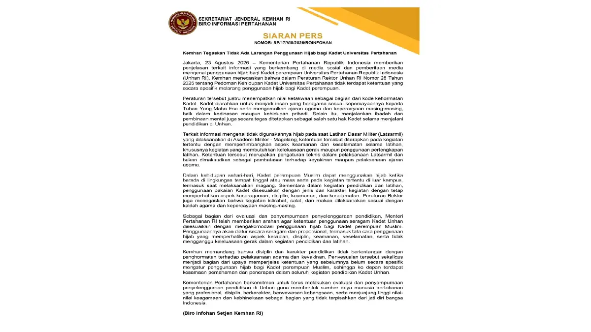 Klarifikasi Unhan RI terkait kadet perempuan yang diharuskan untuk melepas hijab. (instagram.com/unhan_ri)