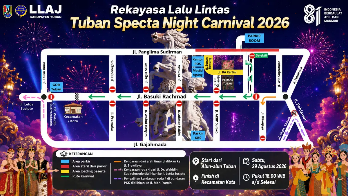 Sejumlah ruas jalan di pusat Tuban terdampak Tuban Specta Night Carnival 29 Agustus. (instagram.com/llaj.tuban)