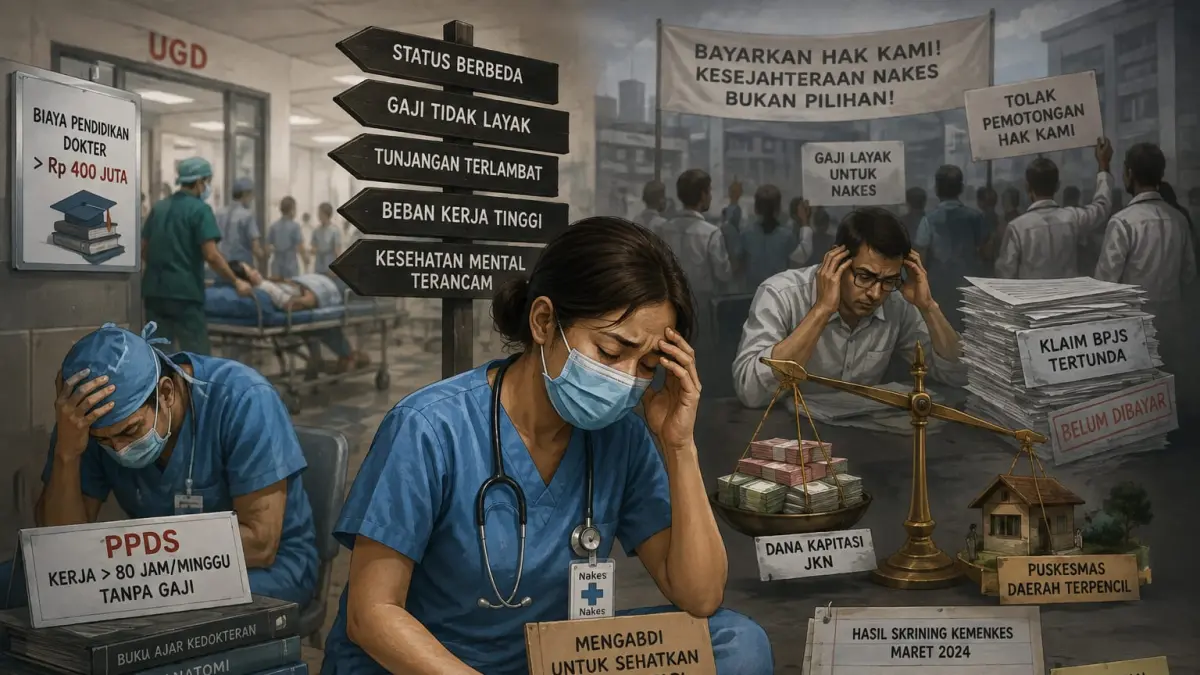 Ilustrasi tenaga kesehatan di Indonesia yang menghadapi beban kerja tinggi dan persoalan kesejahteraan. (Radar Tuban/ AI)