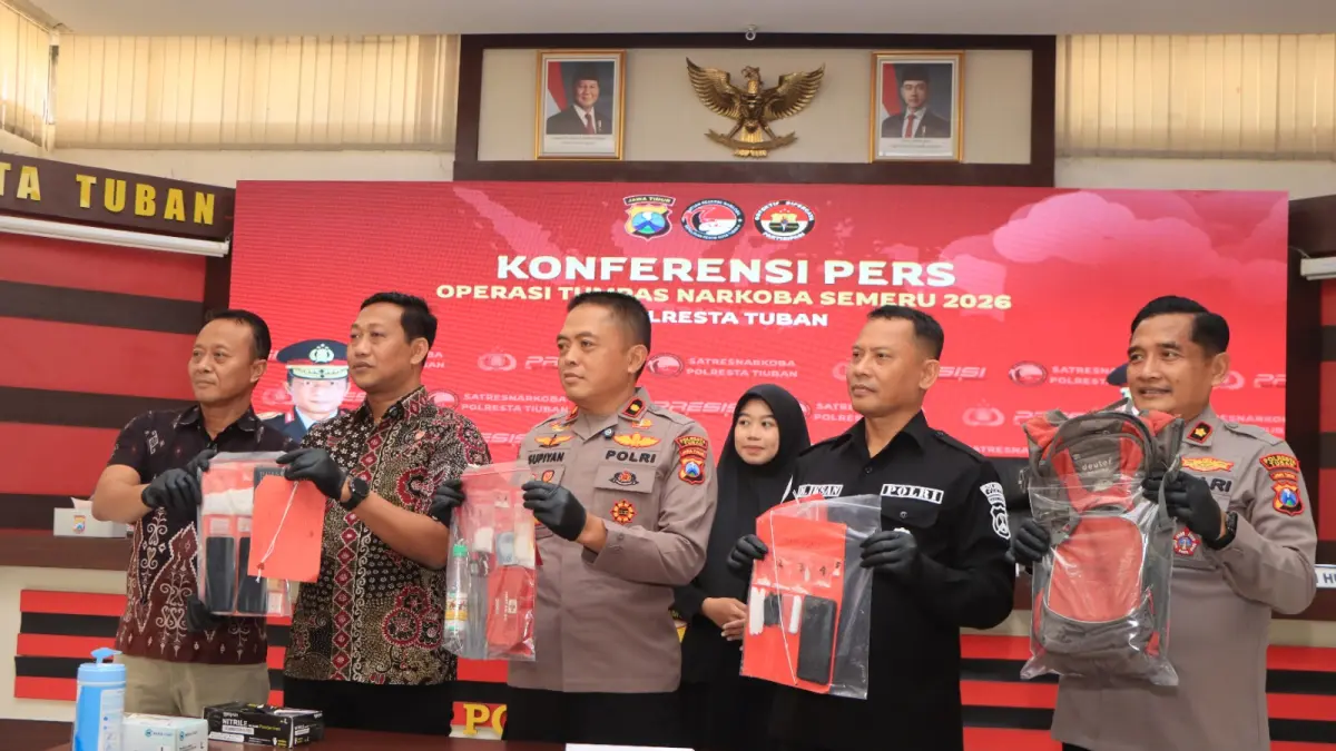 Polresta Tuban saat konferensi pers hasil pengungkapan kasus dalam rangka Operasi Tumpas Narkoba Semeru 2026, Jumat (28/8). (Istimewa)