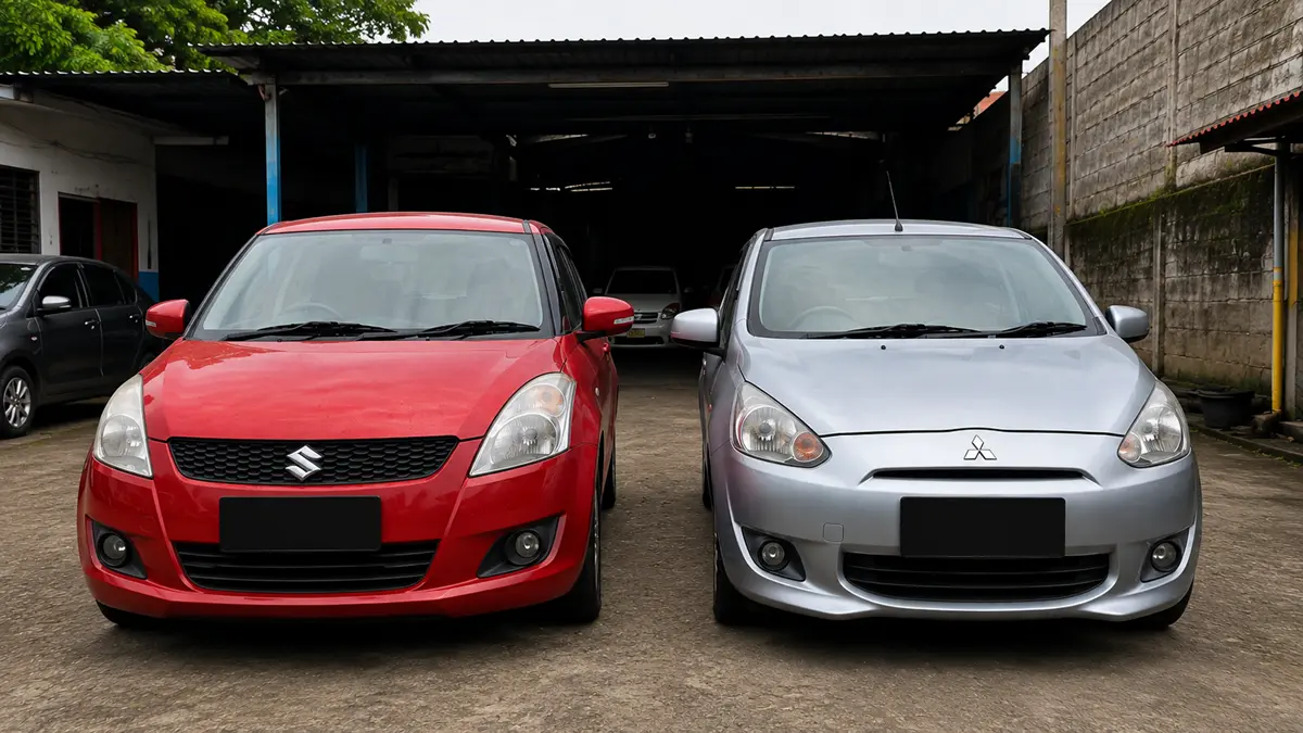 Simak perbandingan Suzuki Swift dan Mitsubishi Mirage dari mesin, konsumsi BBM, transmisi, hingga kepraktisan. (Radar Tuban)
