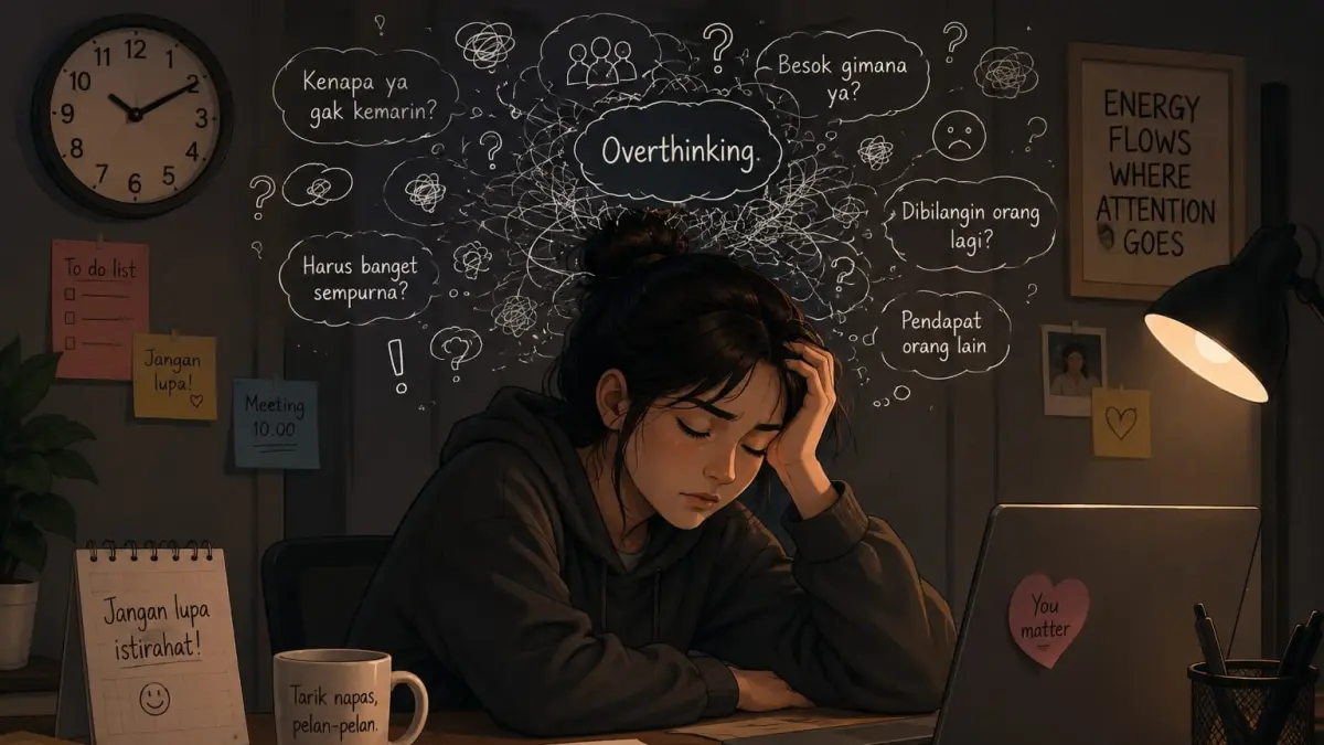 Ilustrasi seseorang yang tampak kelelahan akibat overthinking setelah menjalani aktivitas sepanjang hari. (Radar Tuban/ AI)
