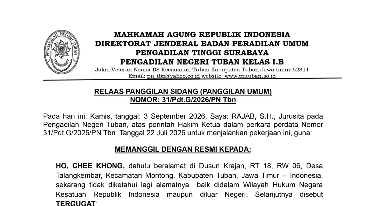 RELAAS PANGGILAN SIDANG (PANGGILAN UMUM) NOMOR: 31/Pdt.G/2026/PN Tbn