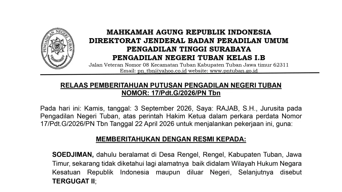 Relaas Pemberitahuan Putusan Pengadilan Negeri Tuban