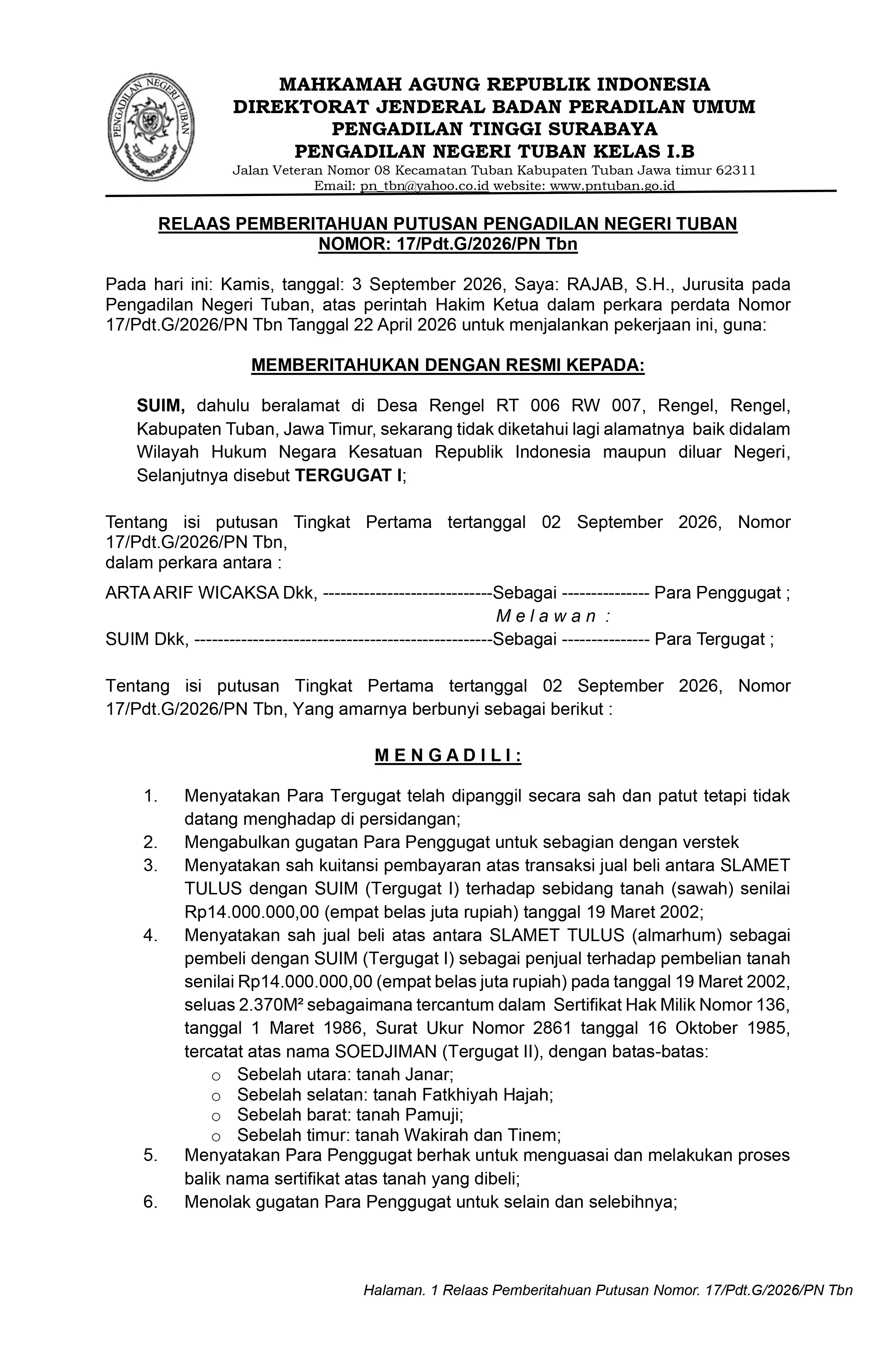 Relaas Pemberitahuan Putusan Pengadilan Negeri Tuban NOMOR: 17/Pdt.G/2026/PN Tbn 