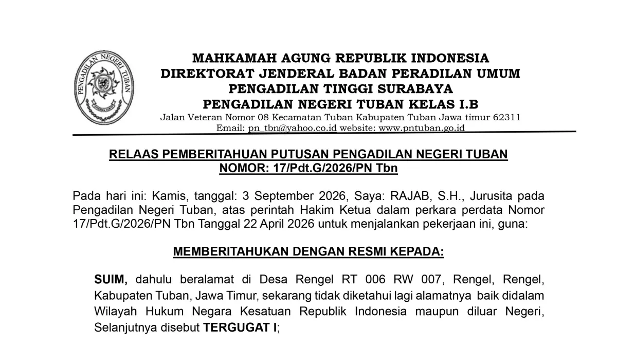 Relaas Pemberitahuan Putusan Pengadilan Negeri Tuban NOMOR: 17/Pdt.G/2026/PN Tbn 