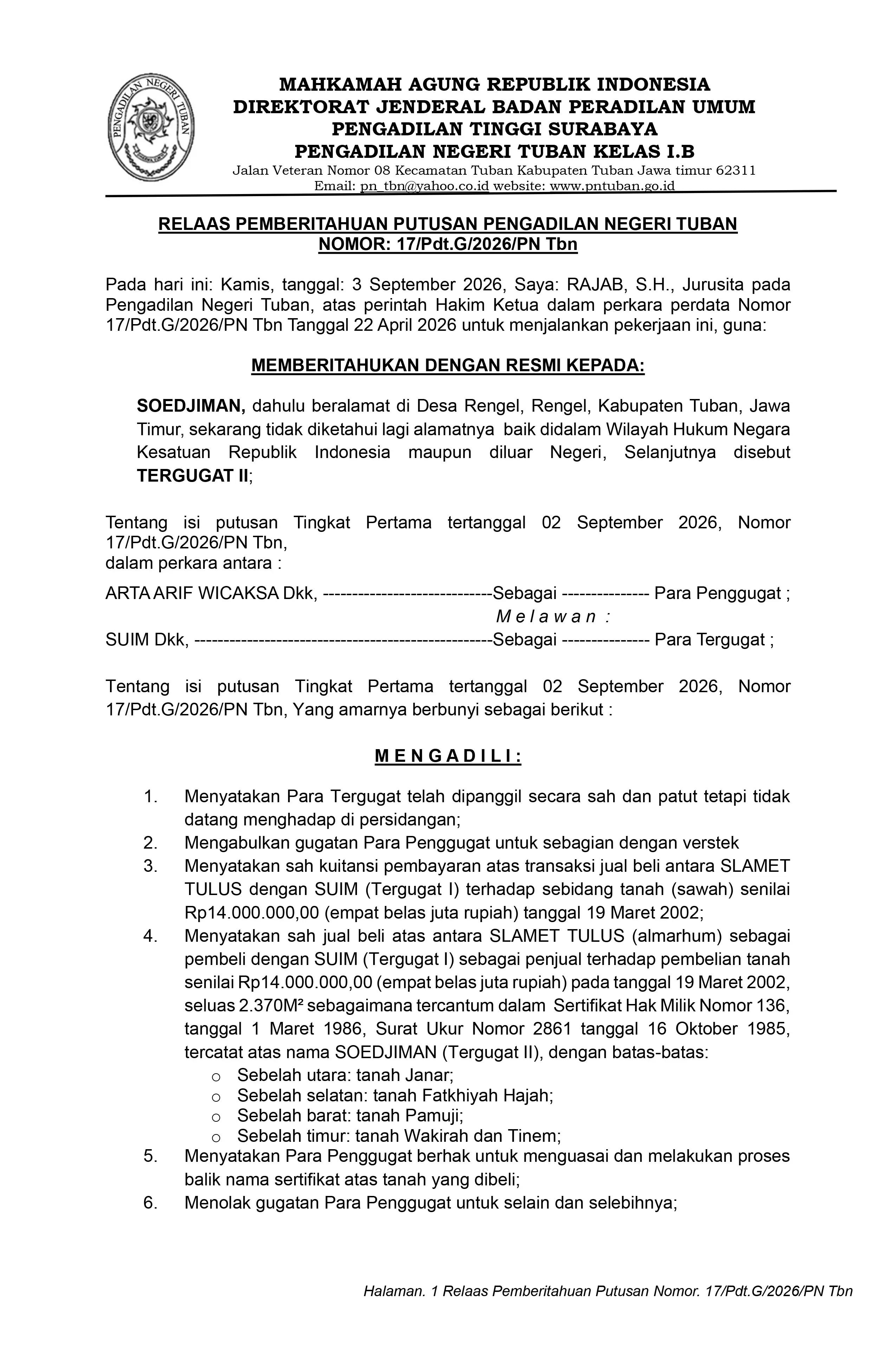 Relaas Pemberitahuan Putusan Pengadilan Negeri Tuban