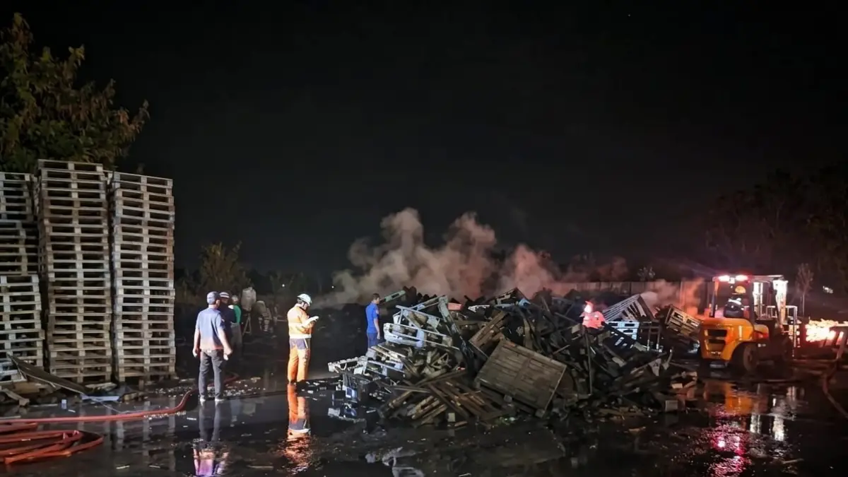 Kebakaran PT Silog di Desa Tlogowaru, Merakurak, Tuban, menghanguskan 13 dump truck dan ratusan palet, penyebab api masih didalami polisi. (Radar Tuban)