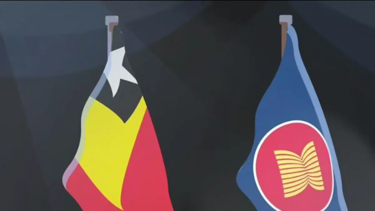 Ilustrasi bendera Timor Leste berkibar bersama bendera ASEAN. (Tangkapan layar Youtube)