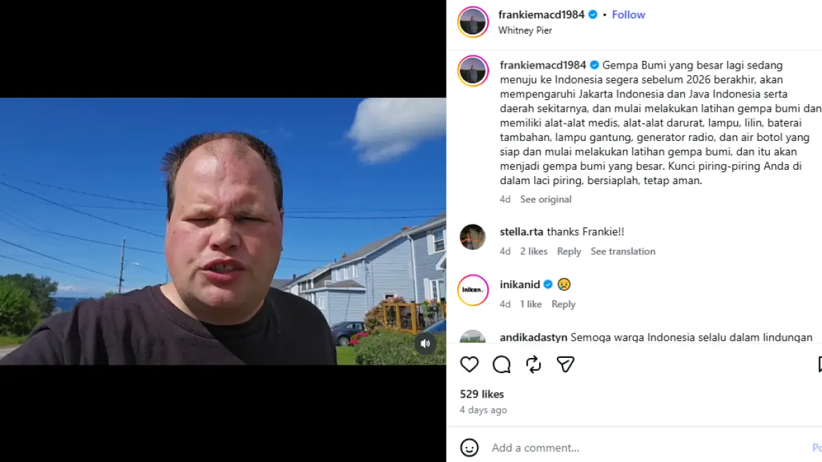 Unggahan media sosial Frankie MacDonald terait prediksi gempa di Indonesia.