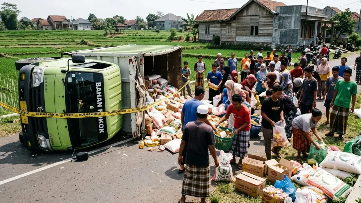 Ilustrasi kecurangan publik saat terjadi musibah, mencerminkan akar masalah mental korupsi dalam kehidupan sehari-hari. (Radar Tuban/ AI)

