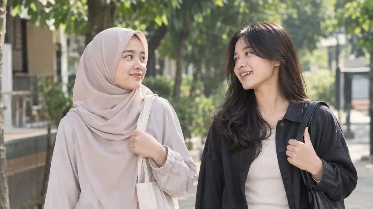 Ilustrasi dua perempuan dengan pilihan berbeda dalam mengenakan hijab. (RADARTUBAN/AI)