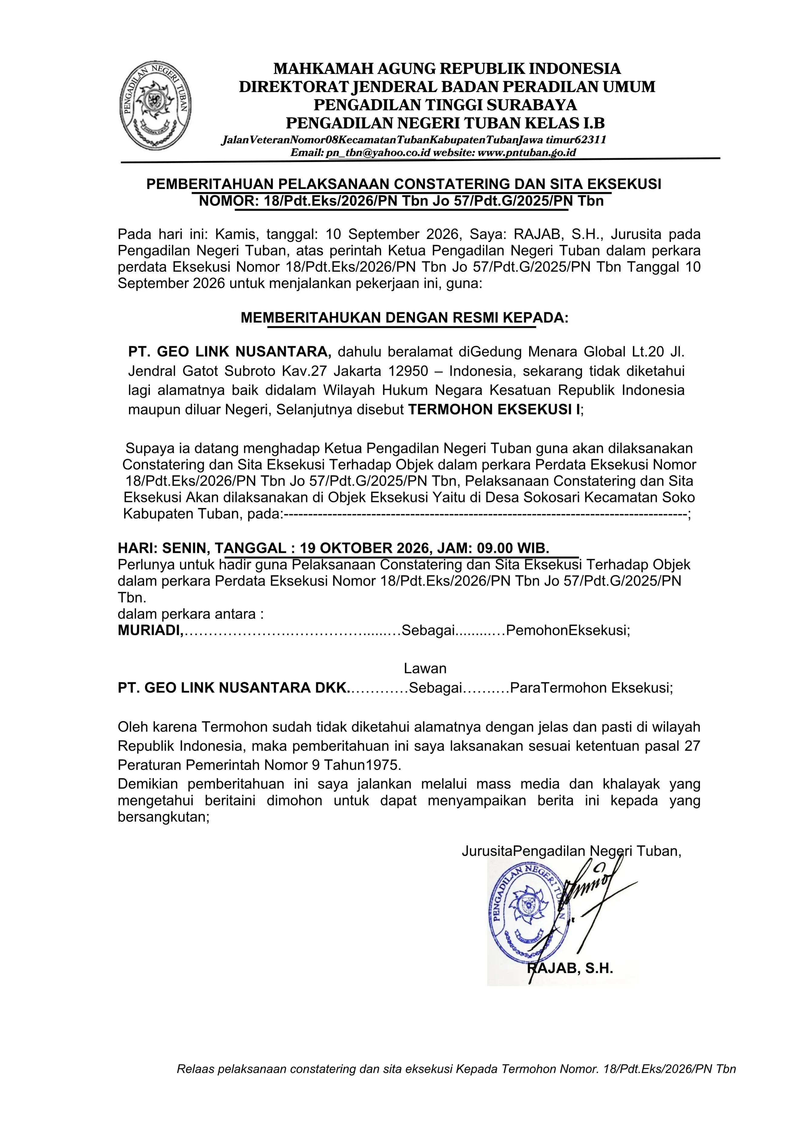 Pemberitahuan Pelaksanaan Constatering dan Sita Eksekusi Nomor: 18/Pdt.Eks/2026/PN Tbn Jo 57/Pdt.G/2025/PN Tbn. Memanggil dengan Resmi Kepada PT. GEO LINK NUSANTARA