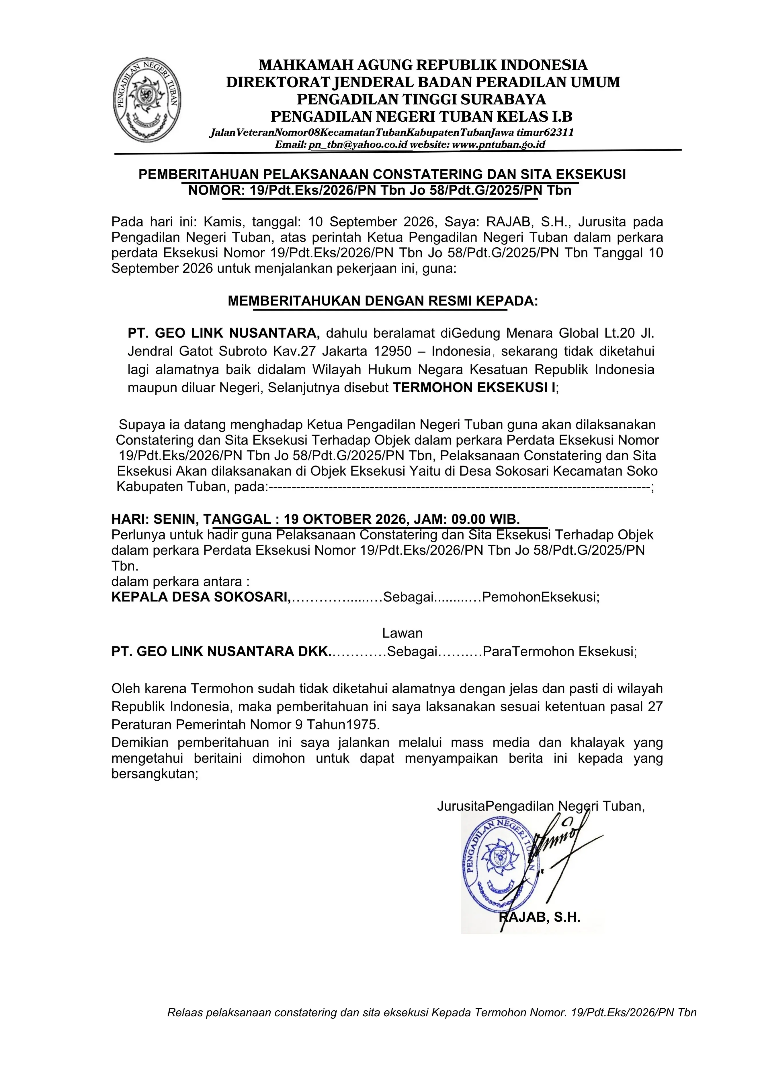 Pemberitahuan Pelaksanaan Constatering dan Sita Eksekusi Nomor: 19/Pdt.Eks/2026/PN Tbn Jo 58/Pdt.G/2025/PN Tbn. Memanggil dengan Resmi Kepada PT. GEO LINK NUSANTARA 