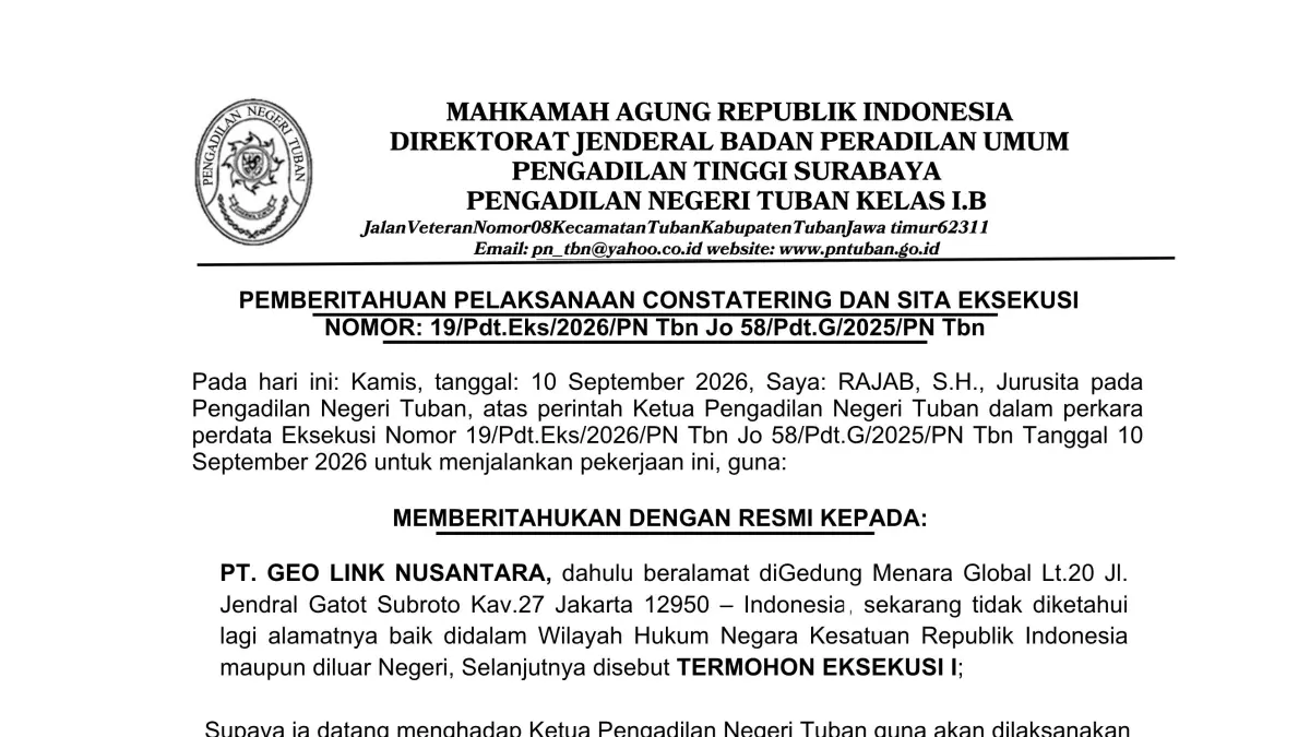 Pemberitahuan Pelaksanaan Constatering dan Sita Eksekusi Nomor: 19/Pdt.Eks/2026/PN Tbn Jo 58/Pdt.G/2025/PN Tbn. Memanggil dengan Resmi Kepada PT. GEO LINK NUSANTARA 