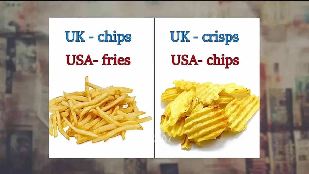 Foto perbandingan visual antara kentang goreng (fries) dan keripik (crisps) berdasarkan terminologi regional. (Tangkapan layar Youtube Kamar JERI)