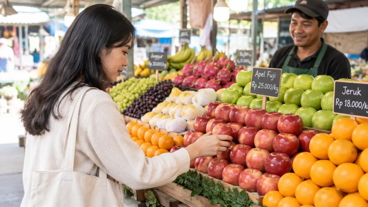 Potret pajangan buah yang telah diatur sedemikian rupa oleh penjual. (RADARTUBAN/AI)