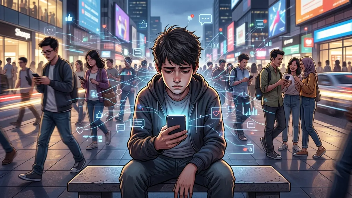 Ilustrasi remaja kesepian di tengah keramaian. (Radar Tuban/ AI)