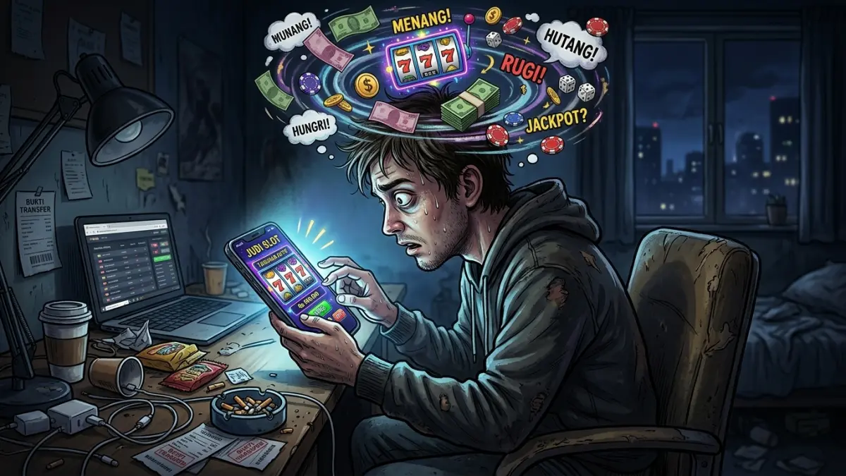 Ilustrasi kecanduan judi online. (Radar Tuban/ AI)