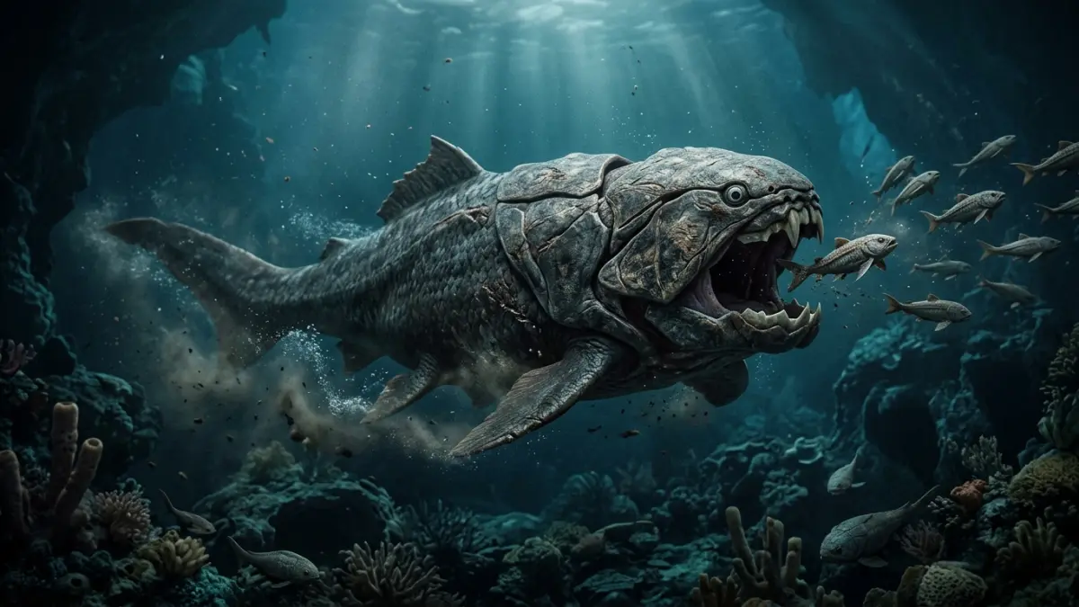 Ilustrasi dunkleosteus di laut dalam masa purba. (Radar Tuban/ AI)