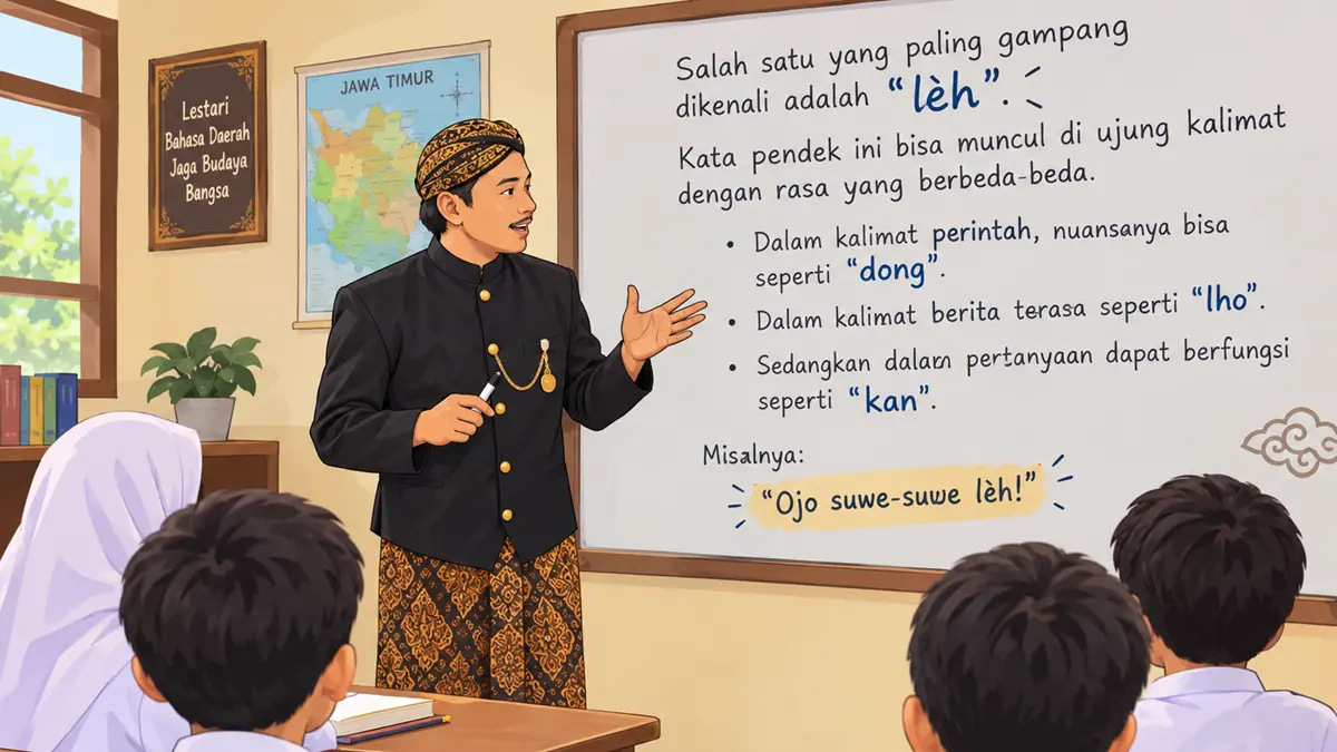 Ilustrasi seorang guru tengah mengajarkan bahasa jawa khas Tuban. (RADARTUBAN/AI)