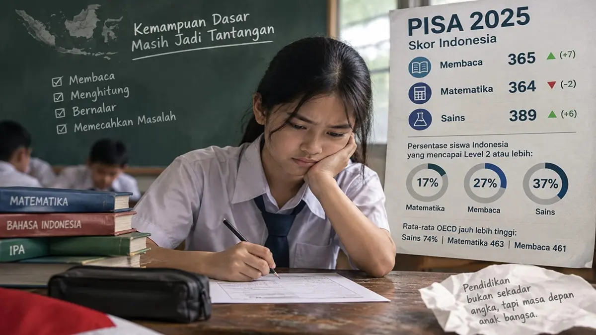 Ilustrasi siswa Indonesia menghadapi tantangan kemampuan dasar. (RADARTUBAN/AI)