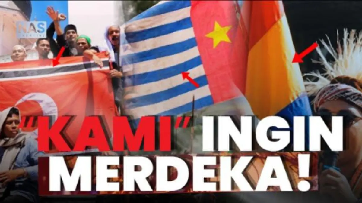 3 bendera wilayah, Bintang Kejora di Papua, Bulan Bintang di Aceh, dan Identitas Borneo Raya di Kalimantan yang berkibar kembali. (Tangkapan Layar Youtube Nas Creativy)