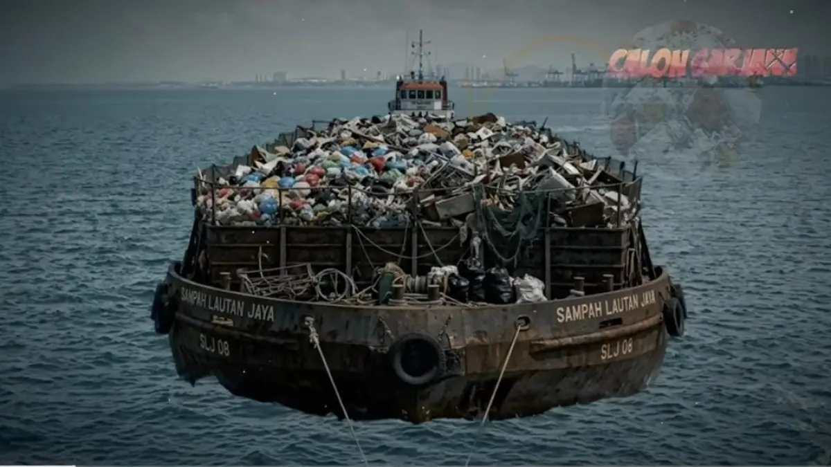 ilustrasi kapal tongkang mengangkut tumpukan muatan sampah plastik melintasi kawasan perairan lautan. (Tangkapan layar Youtube Calon Sarjana)