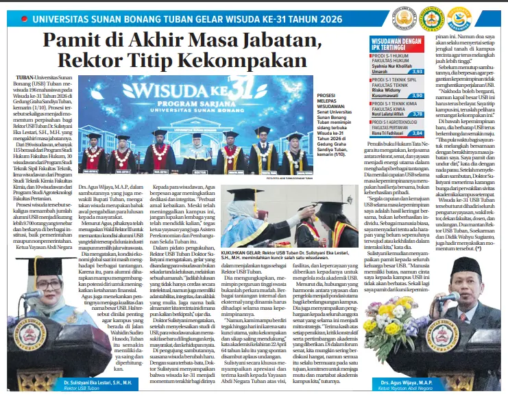 Wisuda ke-31 USB Tuban mewisuda 196 mahasiswa.